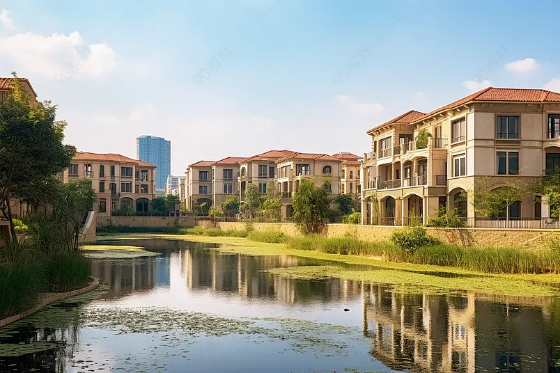 小区楼盘绿化的地产房地产别墅区摄影图