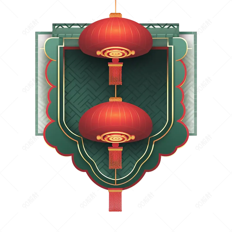 绿色国潮风新春春节节日装饰免抠扇形边框素材元素