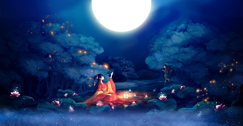 唯美古风手绘插画护肤品化妆品中秋海报背景