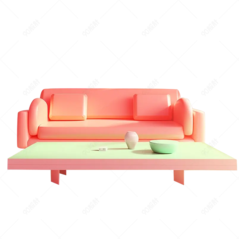 3D渲染立体客厅接待茶桌橙色沙发免扣素材图