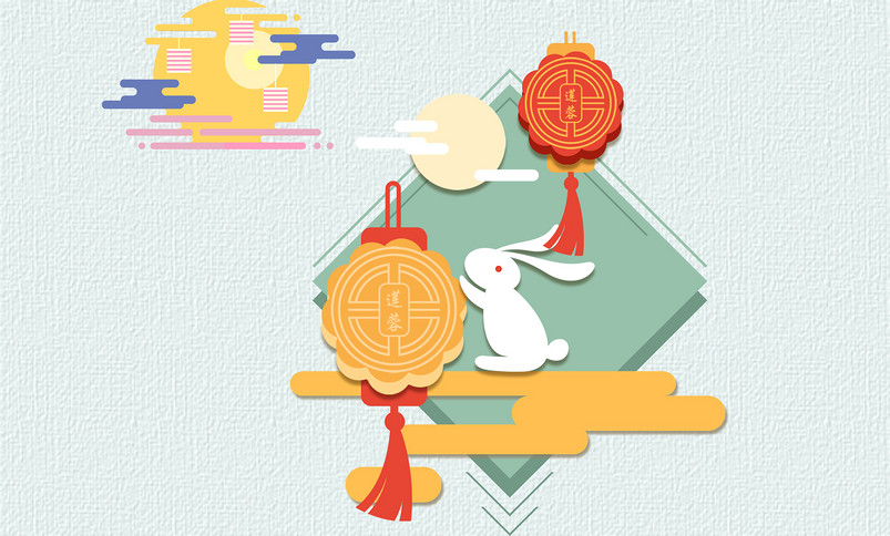 蓝灰色卡通小兔子和月饼中秋节月饼海报背景