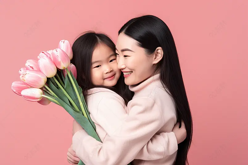 年轻母亲节女儿送妈妈郁金香花朵