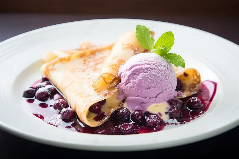 甜点可丽饼配冰淇淋和蓝莓果酱