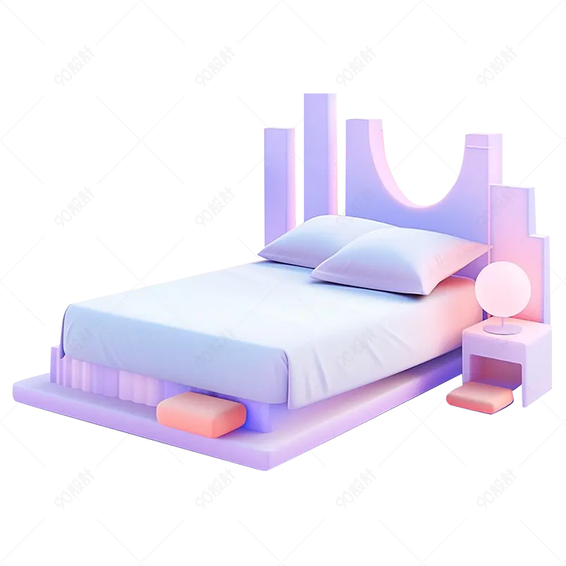 3D渲染立体室内家具家居紫色创意双人床免抠素材图