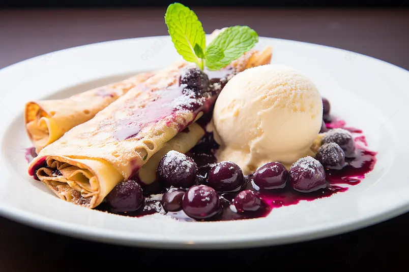 甜点可丽饼配冰淇淋和蓝莓果酱