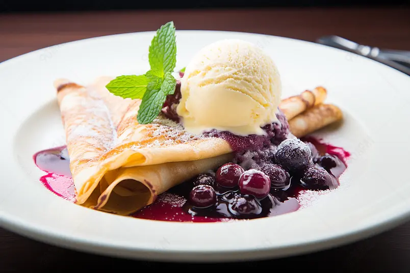 甜点可丽饼配冰淇淋和蓝莓果酱