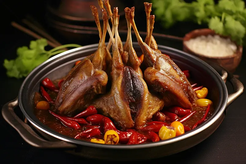 新鲜的食物川菜麻辣干锅鸭头摆盘特写摄影图