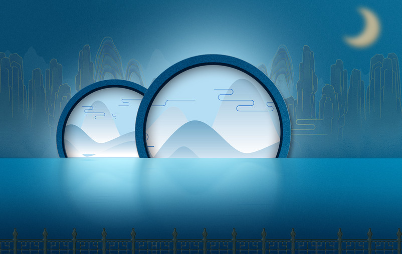 水面圆形窗框镂空设计山水背景