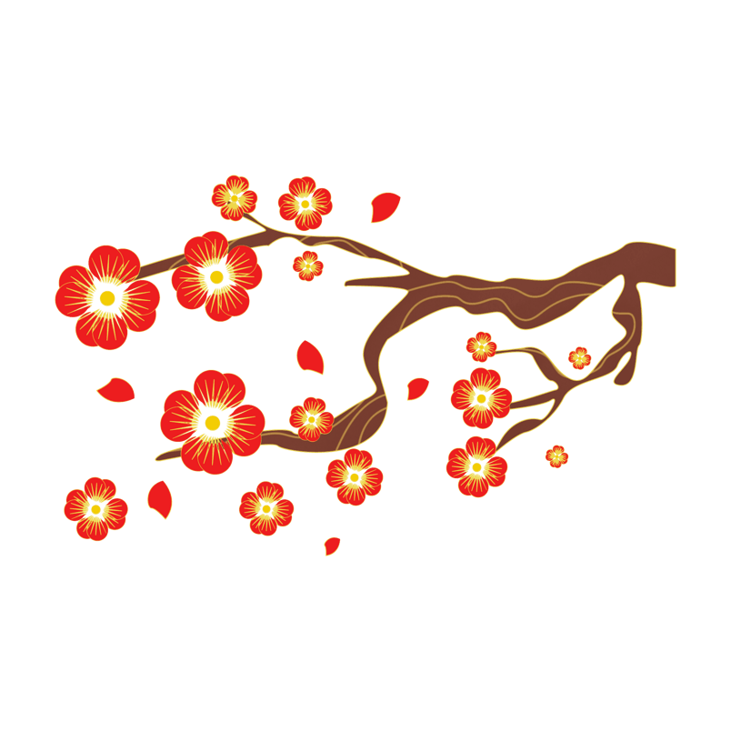 冬天古风国潮红色梅花金色花枝元素设计