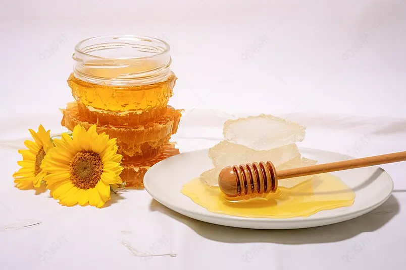 小菊花背景白色背景蜂蜜土蜂蜜天然蜂蜜美食摄影