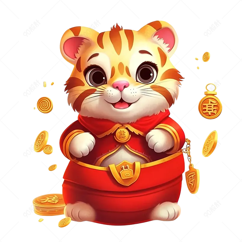 红色可爱老虎金币罐子卡通手绘元素