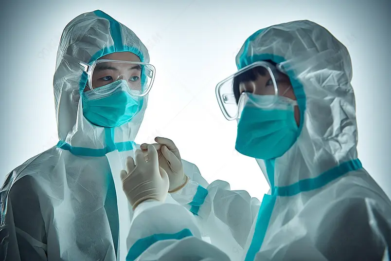 年轻医护人员互相穿戴防护服