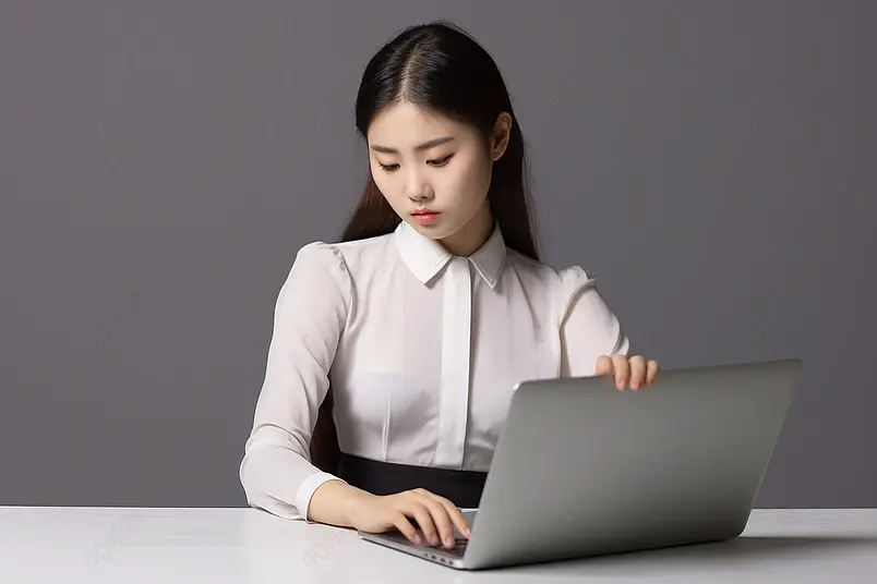 清晰的摄影图高清的图片海报设计背景广告设计素材元素正在用笔记本电脑办公的职场女性