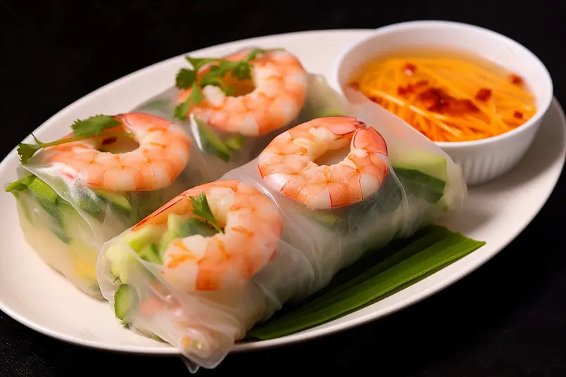 越南春卷配大虾蔬菜和酸辣酱料黑色背景