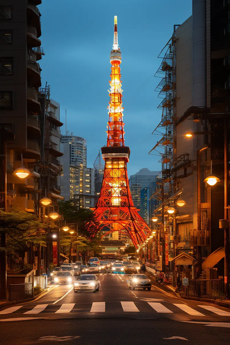 东京塔黄昏与东京天际线城市景观莫纳托病房东京塔著名的地标高度3329米,日本高的塔