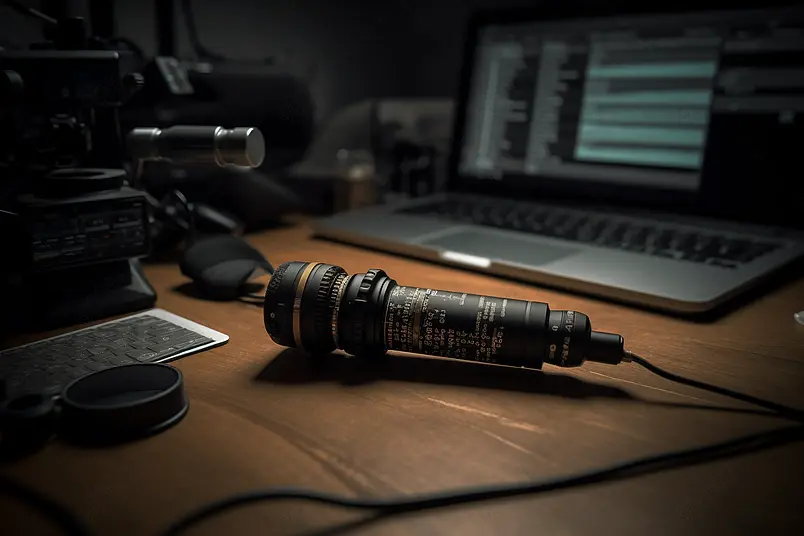 现代录音笔背景木桌上电脑旁边的麦克风摄影真实