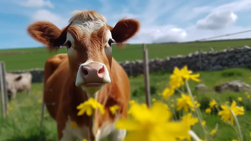 清晰的摄影图高清的图片海报设计背景广告设计素材元素绿色草地上农场里的牛蓝天白云唯美的风景
