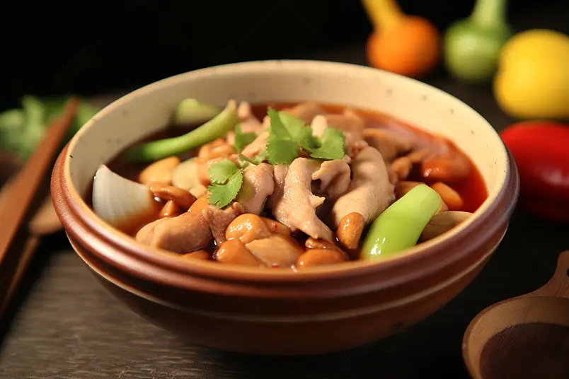 餐桌上鲜香美味的油焖小碗肥肠家常菜