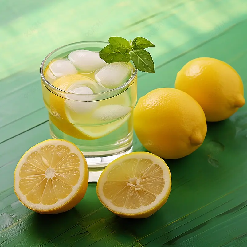 一杯柠檬水，半个柠檬，新鲜的叶子放在绿色的桌子上，清爽的冰水，薄荷和柠檬片，侧面视图，罗马尼亚