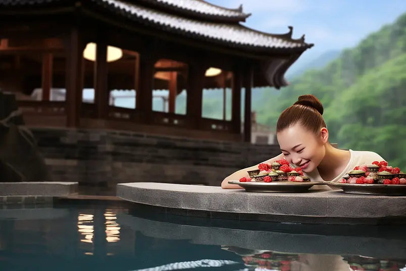 年轻亚洲美女享受泡汤泡温泉日本旅游