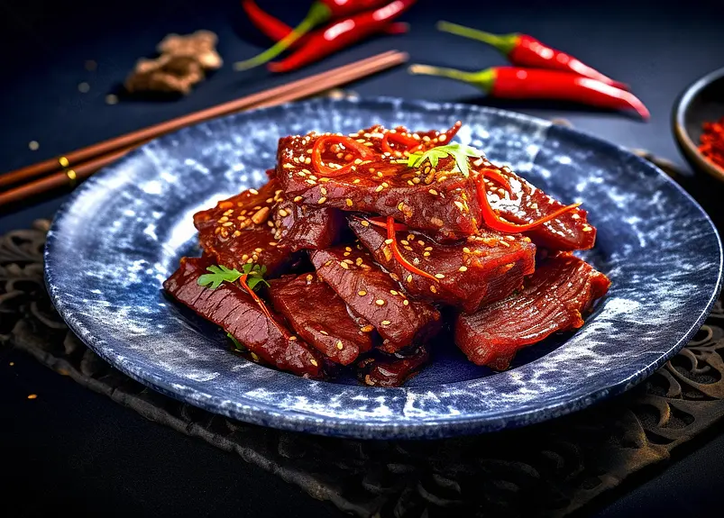 特色小吃五香牛肉干瓷盘里的美食摄影真实