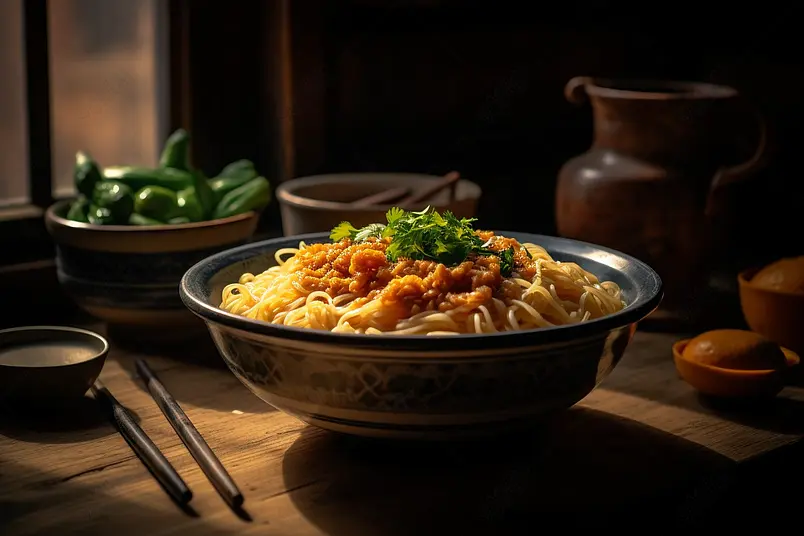 一碗好吃美味的传统手工重庆小面放在桌子上特写