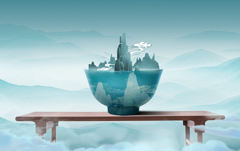 复古桌案中国瓷器山水风景背景