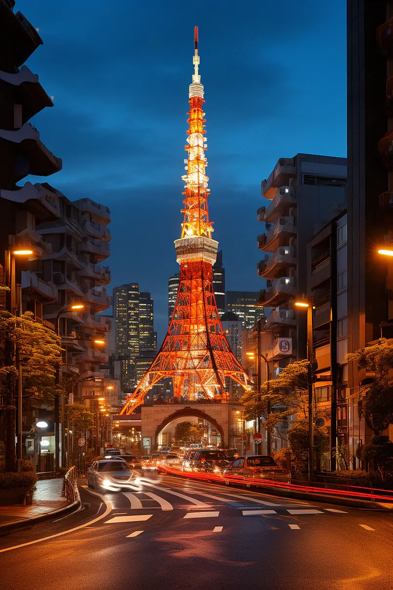 东京塔黄昏与东京天际线城市景观莫纳托病房东京塔著名的地标高度3329米,日本高的塔