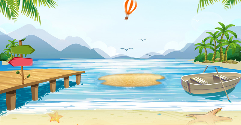 蓝色清新手绘海滩夏季食品饮料海报背景