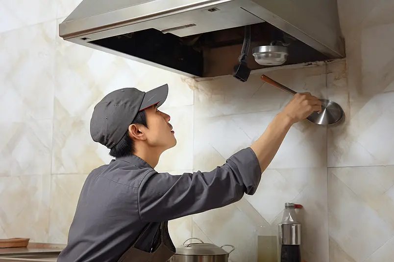 男性维修工人上门服务检修吸油烟机实拍摄影图
