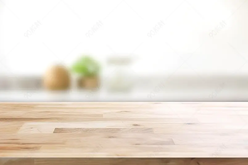 模糊厨房窗户背景上的木桌面实拍摄影图