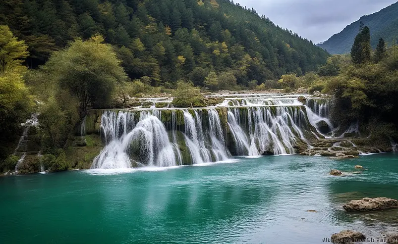 背景广告设计素材元素绿色的湖水高流水树林远山蓝月谷自然风光