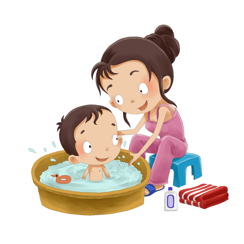 母亲节给小孩子用澡盆洗澡的妈妈