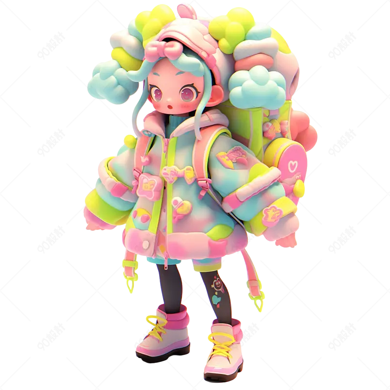 3D立体人物炫彩多巴胺手办潮玩盲盒双马尾女孩免扣素材