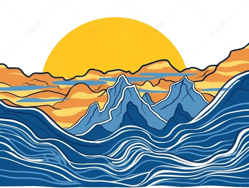蓝色手绘风日出山体景观纹理元素