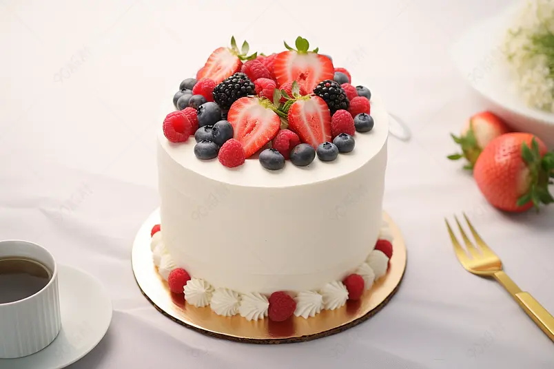 桌子上的草莓水果味奶油生日蛋糕蓝莓甜食摄影图