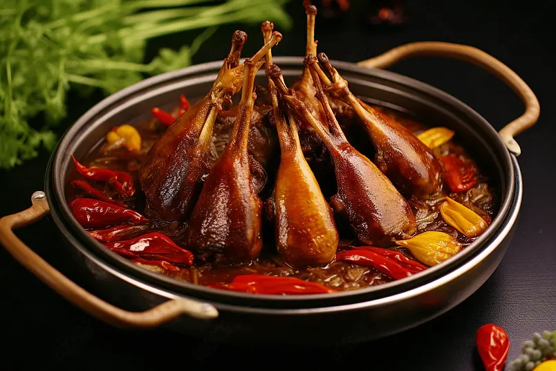 麻辣干锅鸭头摆盘生活方式特写摄影图