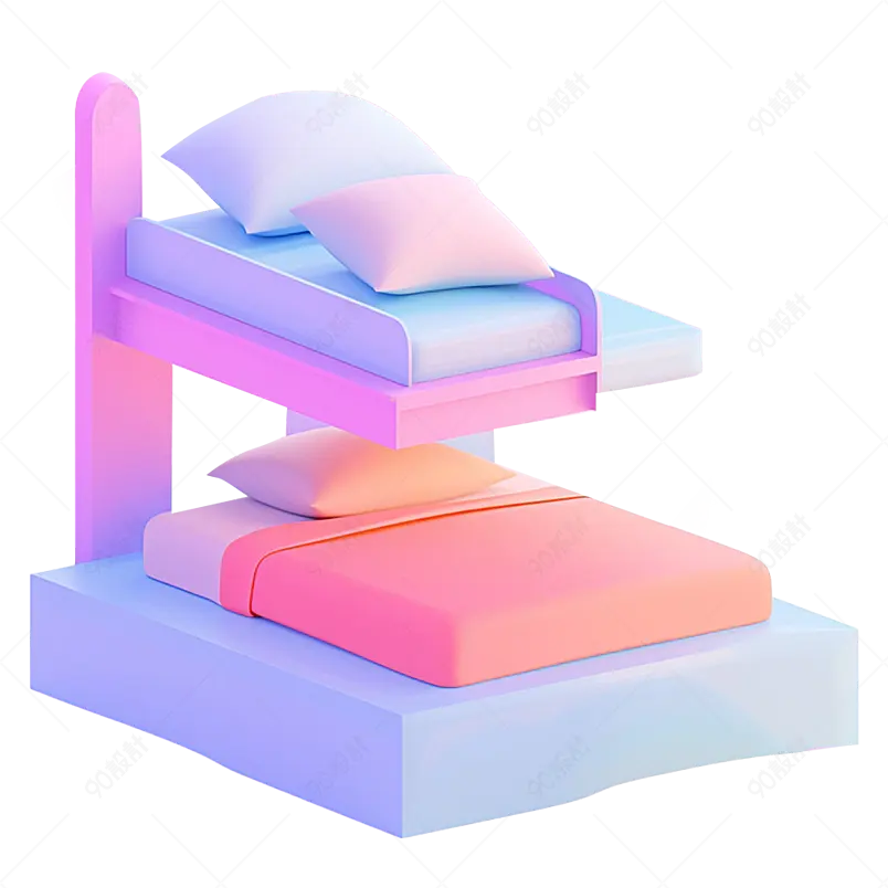 3D渲染彩色渐变色创意家居家居室内床免抠素材图