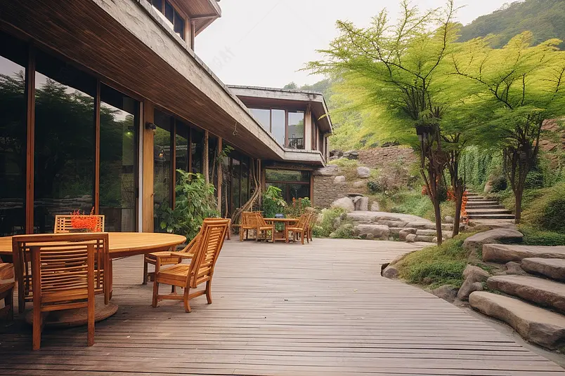 木屋房子民宿简约风格小院聚会景色摄影图