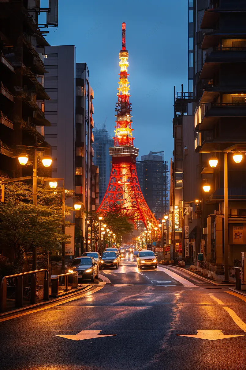 东京塔黄昏与东京天际线城市景观莫纳托病房东京塔著名的地标高度3329米,日本高的塔