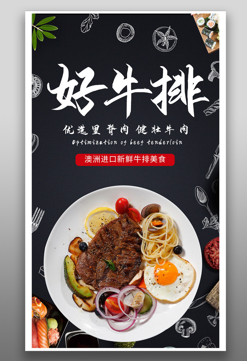 时尚风格餐饮美食美味进口牛排手机海报设计