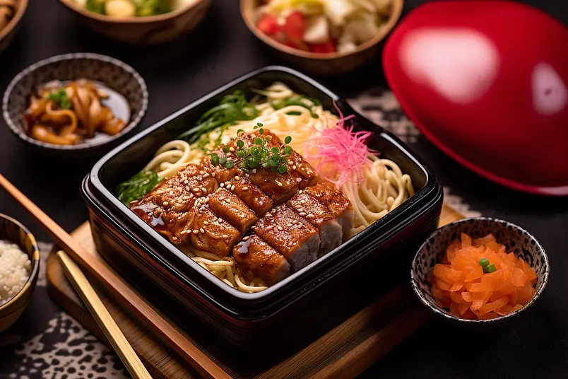 大米主食餐盒中鳗鱼饭日式料理摄影图