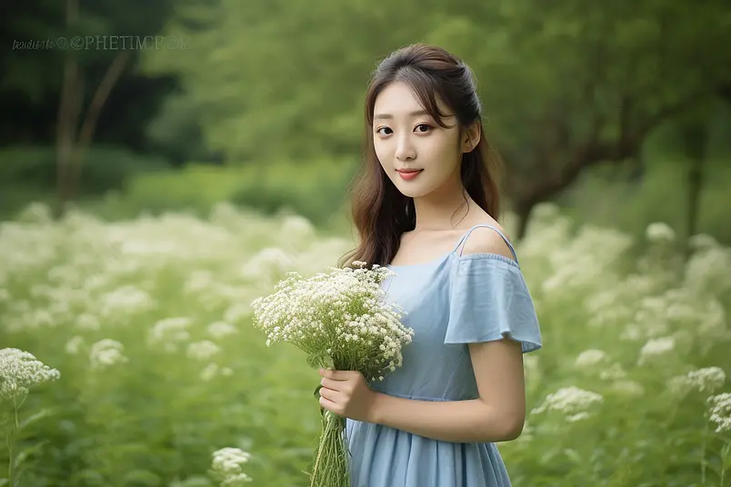 森系美女郊游户外的气质模特户外摄影