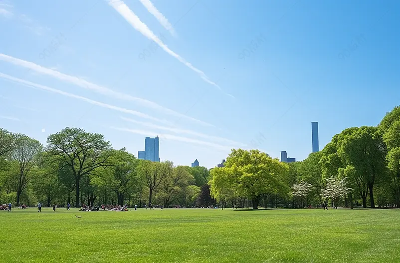 2018年5月8日，在美国纽约大草坪中央公园，樱花和绿树在阳光的照射下生长