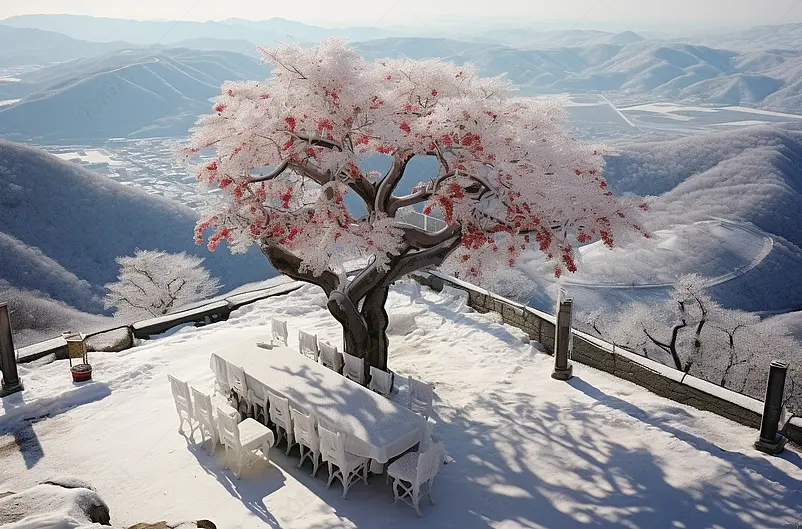 航拍济南章丘胡山的雪景雾凇