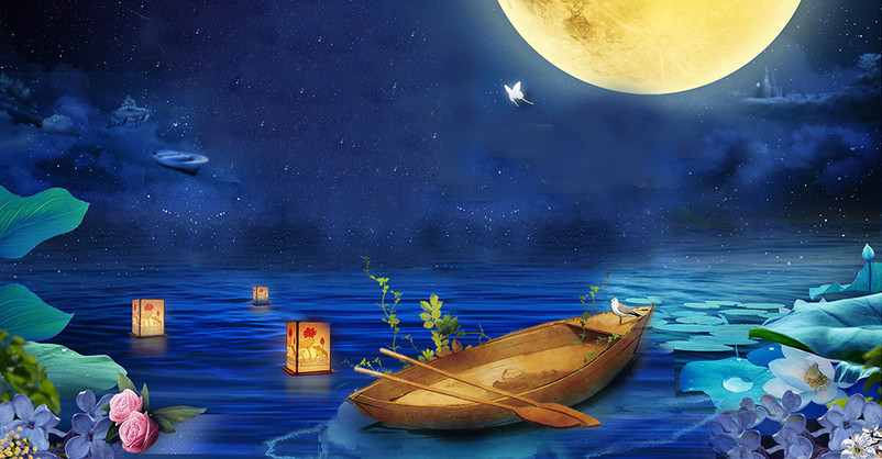 深蓝色夜色中秋节元宵节手绘食品海报背景图