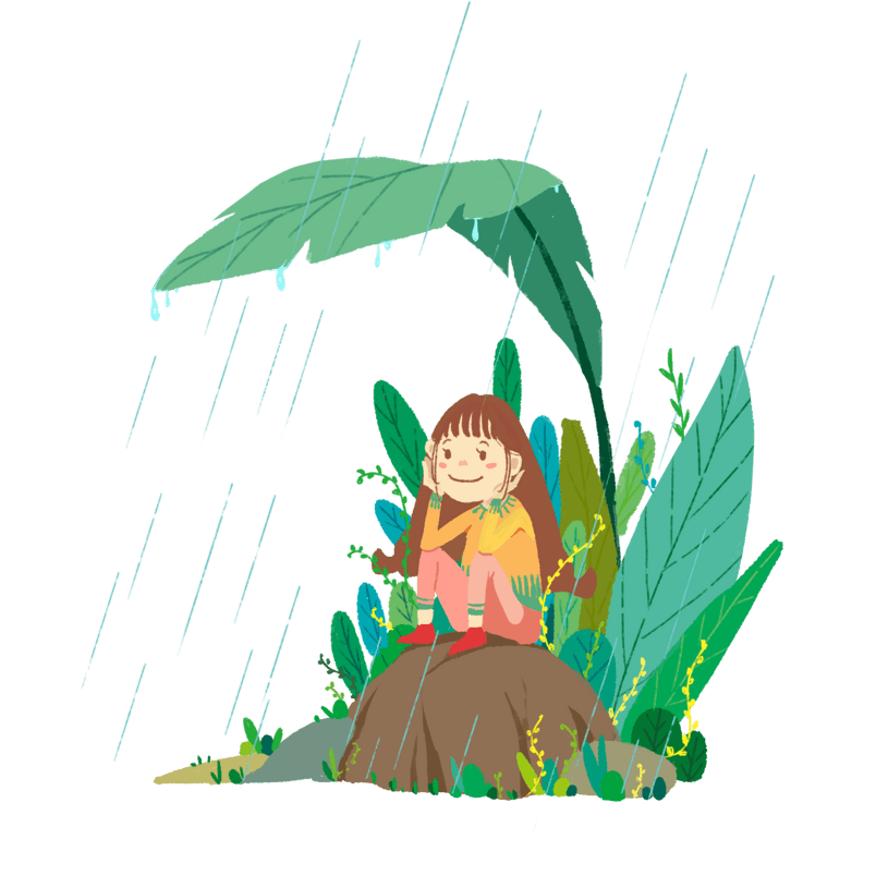 谷雨绿色扁平少女下雨png