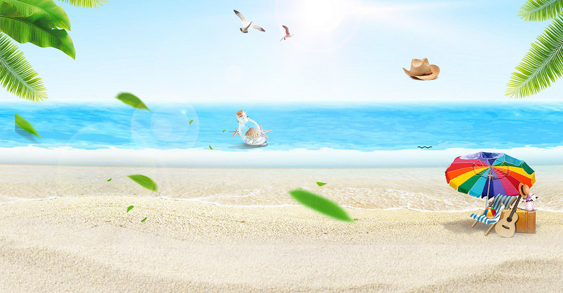 蓝色小清新沙滩度假护肤品化妆品海报背景