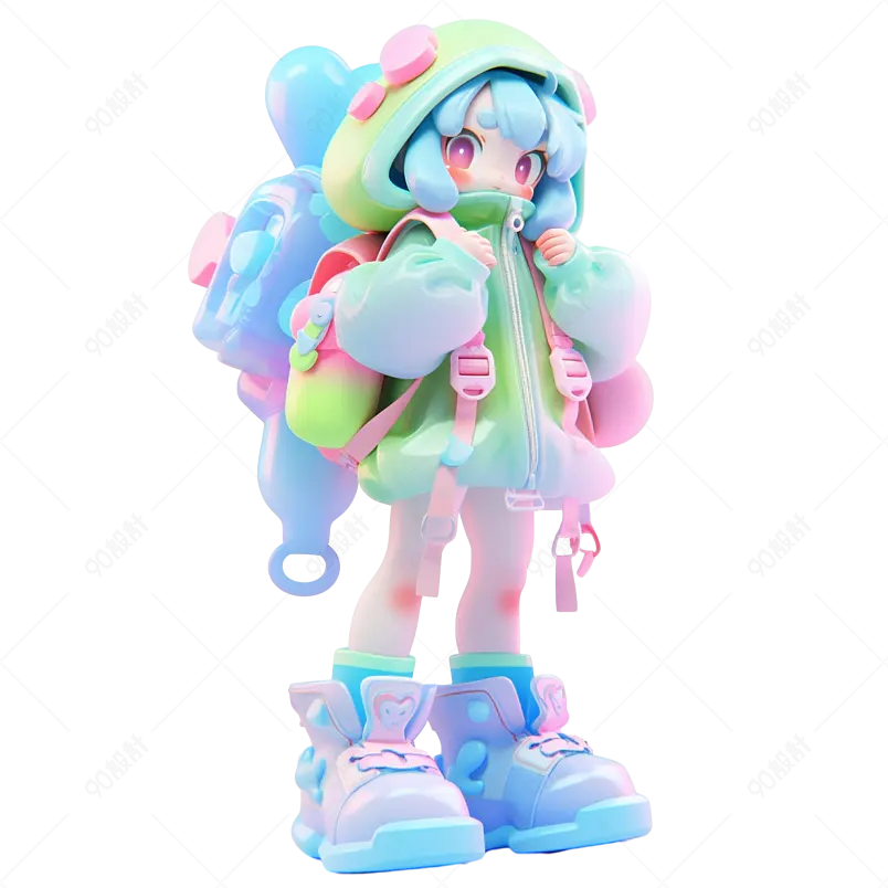 3D渲染立体炫彩蓝色多巴胺手办潮玩盲盒双肩包女孩免扣素材