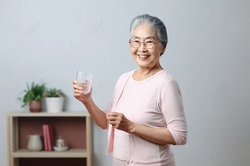 手捧水杯的老年女性人物海报背景